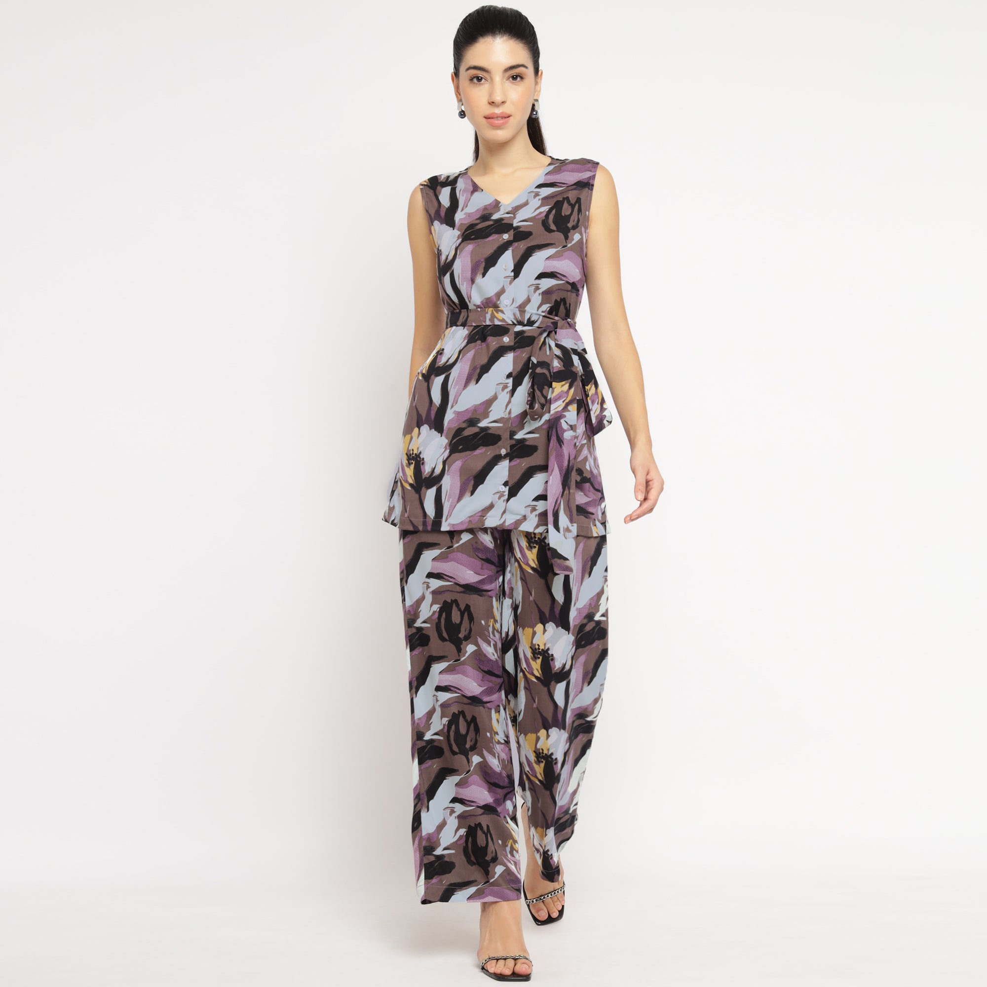 Purple Floral Sleeveless Belted Co-ord Set